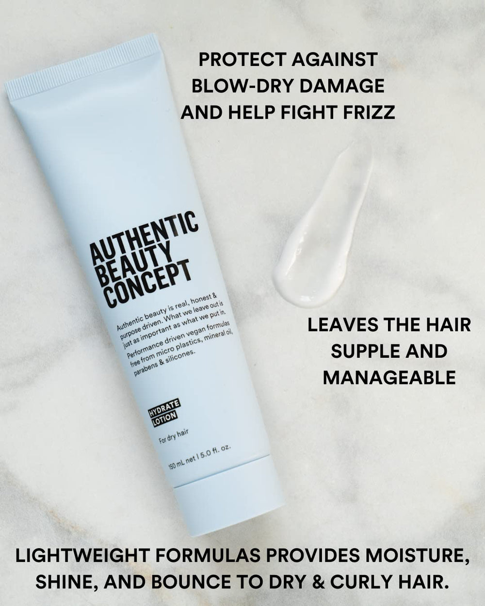 Authentic Beauty Concept Hydrate Lotion hand application shows easy leave-in use for daily styling