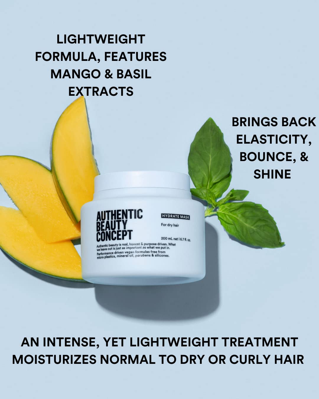 Hydrate Mask jar with swatch illustrating creamy texture for curls