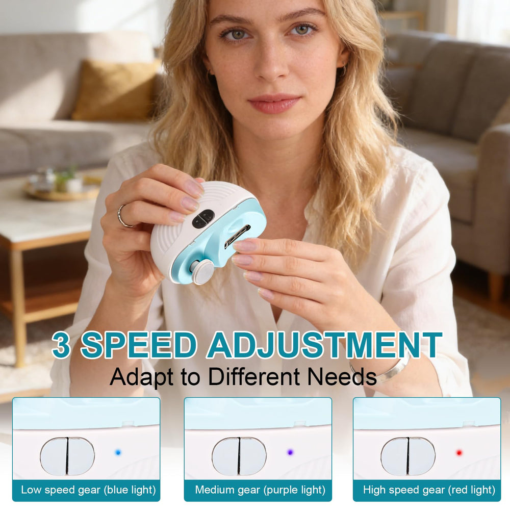 Automatic Electric Nail Clipper offers three speeds for thin to thick nails.