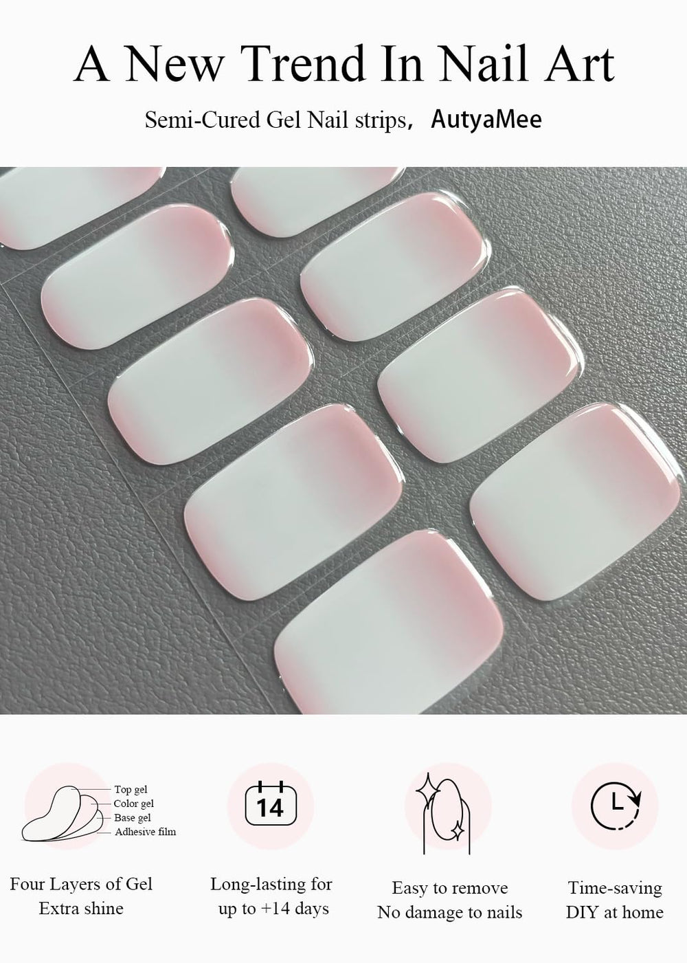 AutyaMee gel nail strips showcase gradient design for versatile styles.