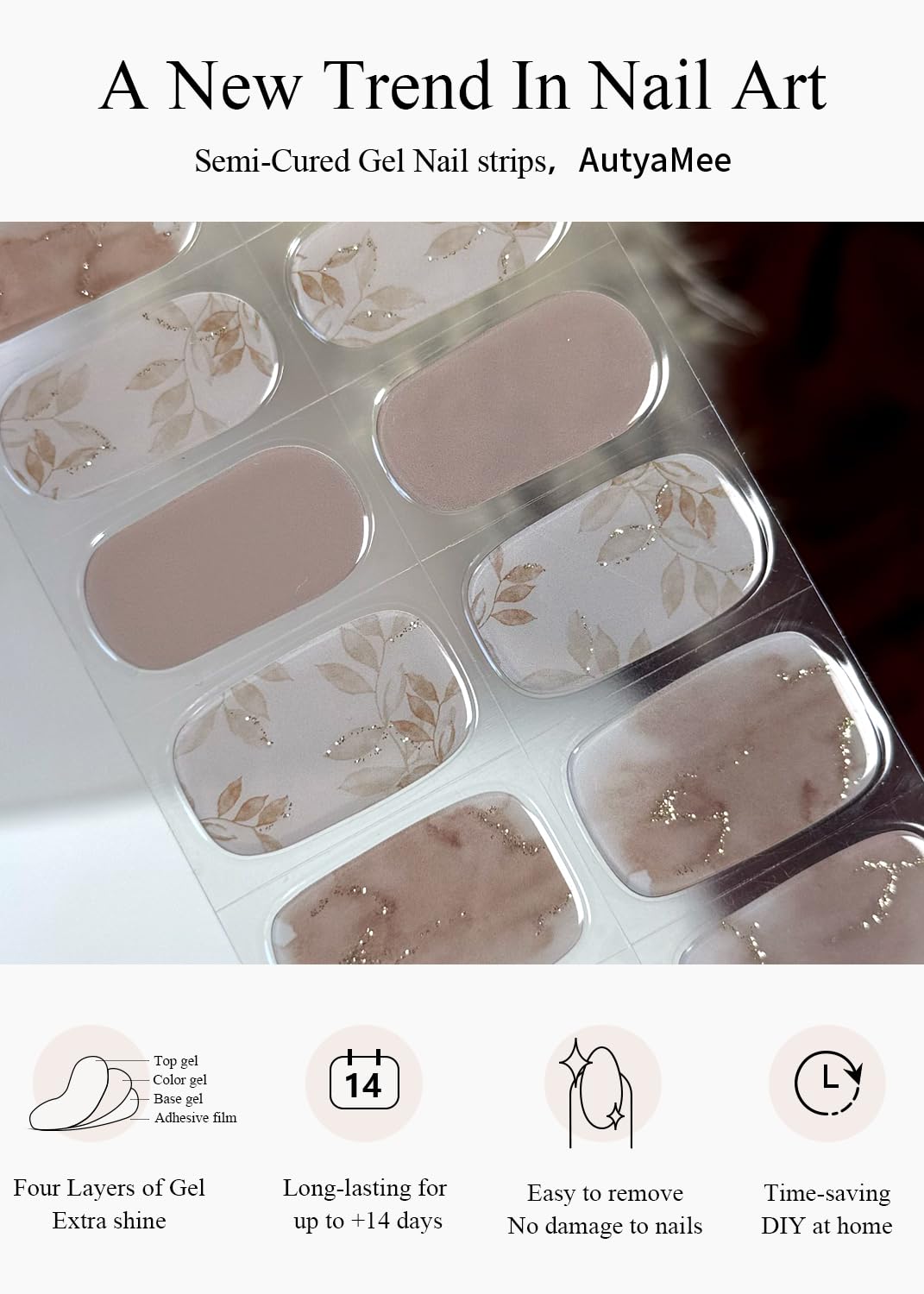 AutyaMee taupe maple leaf design on nails for a polished look under UV/LED