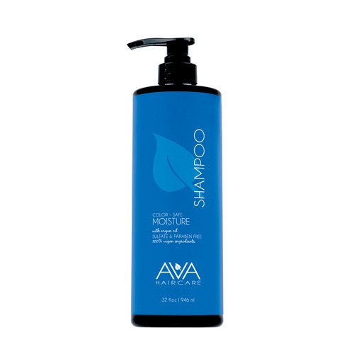 Ava Haircare Moisturizing Shampoo bottle being poured, highlighting a hydrating vegan formula for daily cleansing