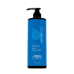 Ava Haircare Moisturizing Shampoo bottle being poured, highlighting a hydrating vegan formula for daily cleansing
