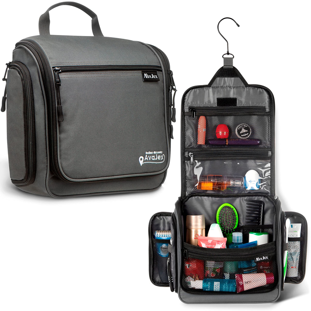 AvaJex travel bag hanging setup showing easy access in hotel bathroom