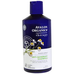 Avalon Organics anti-dandruff conditioner bottle emphasizing scalp hydration and flake reduction after use.