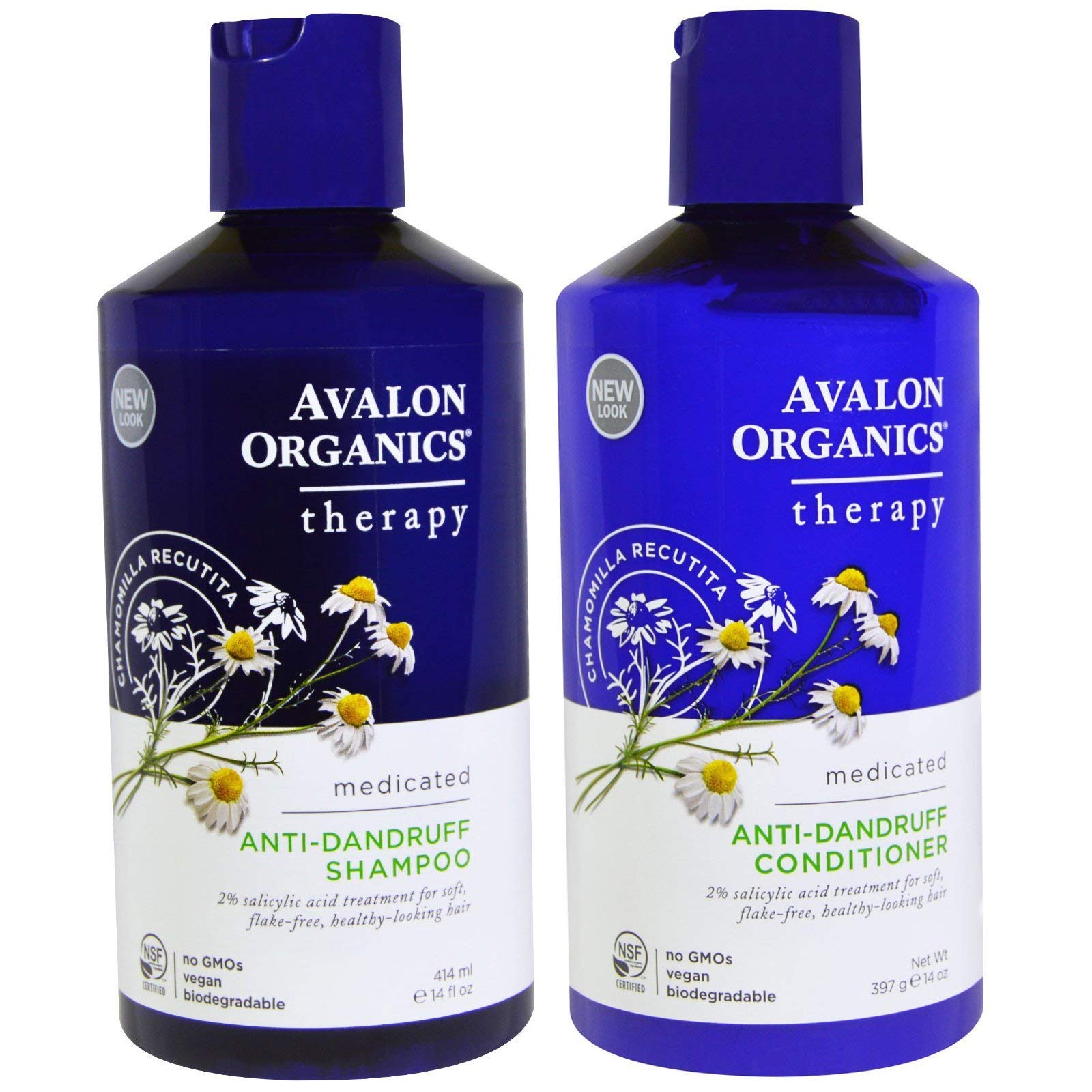 Avalon Organics anti-dandruff shampoo bottle on bathroom shelf suggesting a refreshing cleanse and flake control.