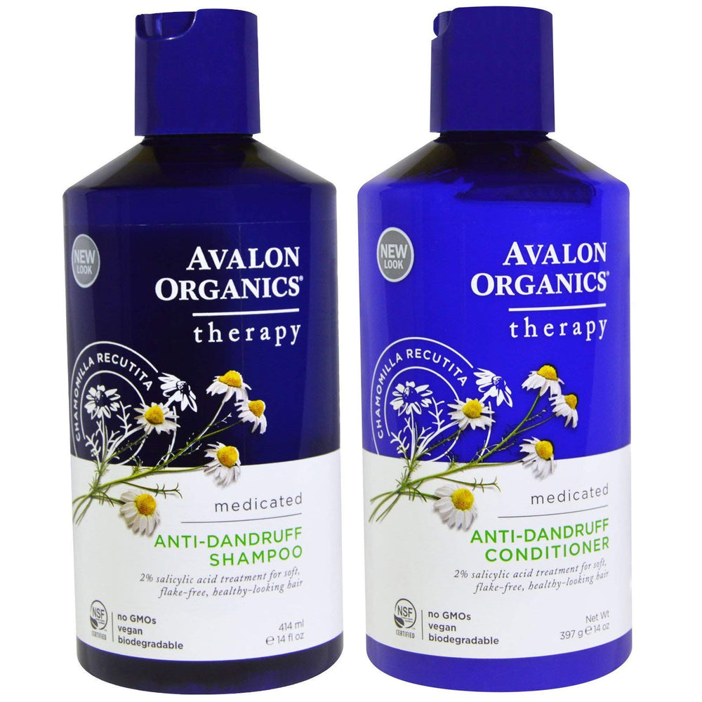 Avalon Organics anti-dandruff shampoo bottle on bathroom shelf suggesting a refreshing cleanse and flake control.