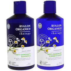 Avalon Organics anti-dandruff shampoo bottle on bathroom shelf suggesting a refreshing cleanse and flake control.