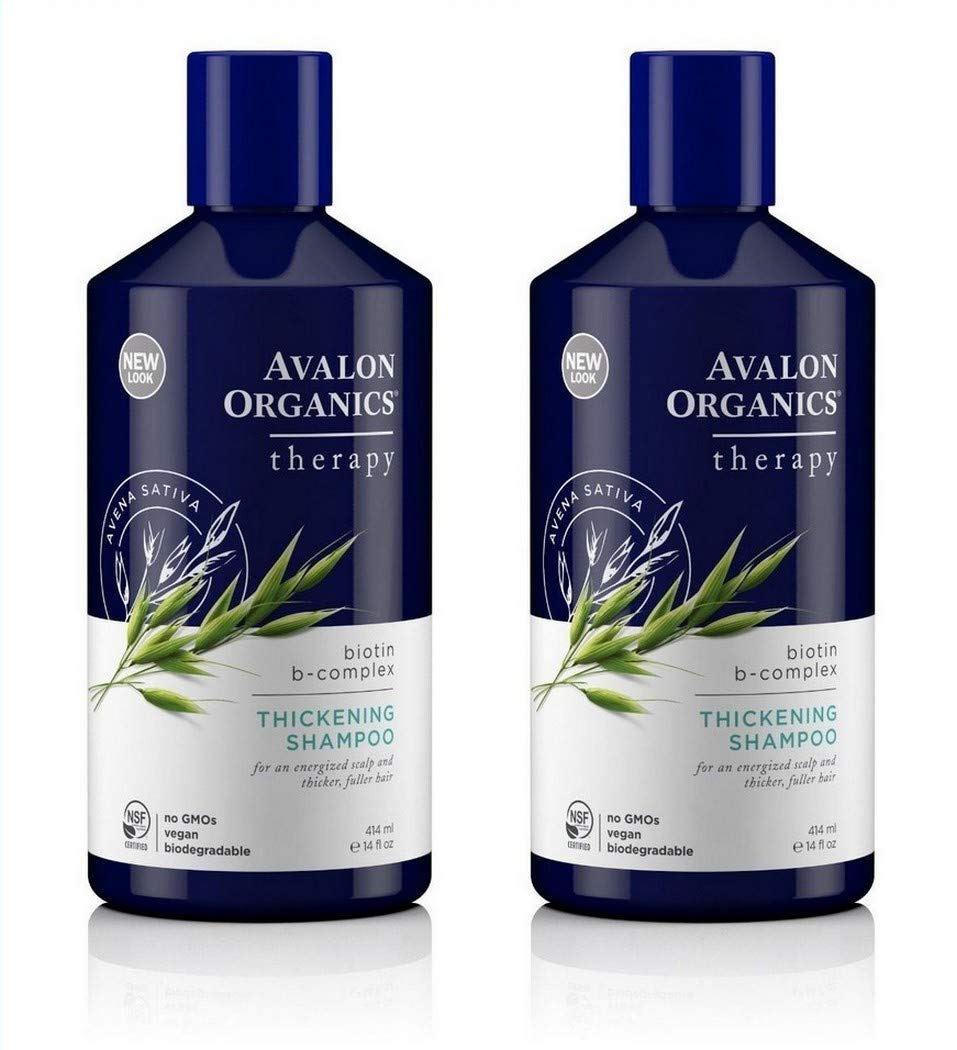 Avalon Organics Biotin B-Complex Thickening Shampoo bottle label closeup for brand recognition.