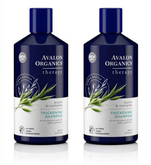 Avalon Organics Biotin B-Complex Thickening Shampoo bottle label closeup for brand recognition.