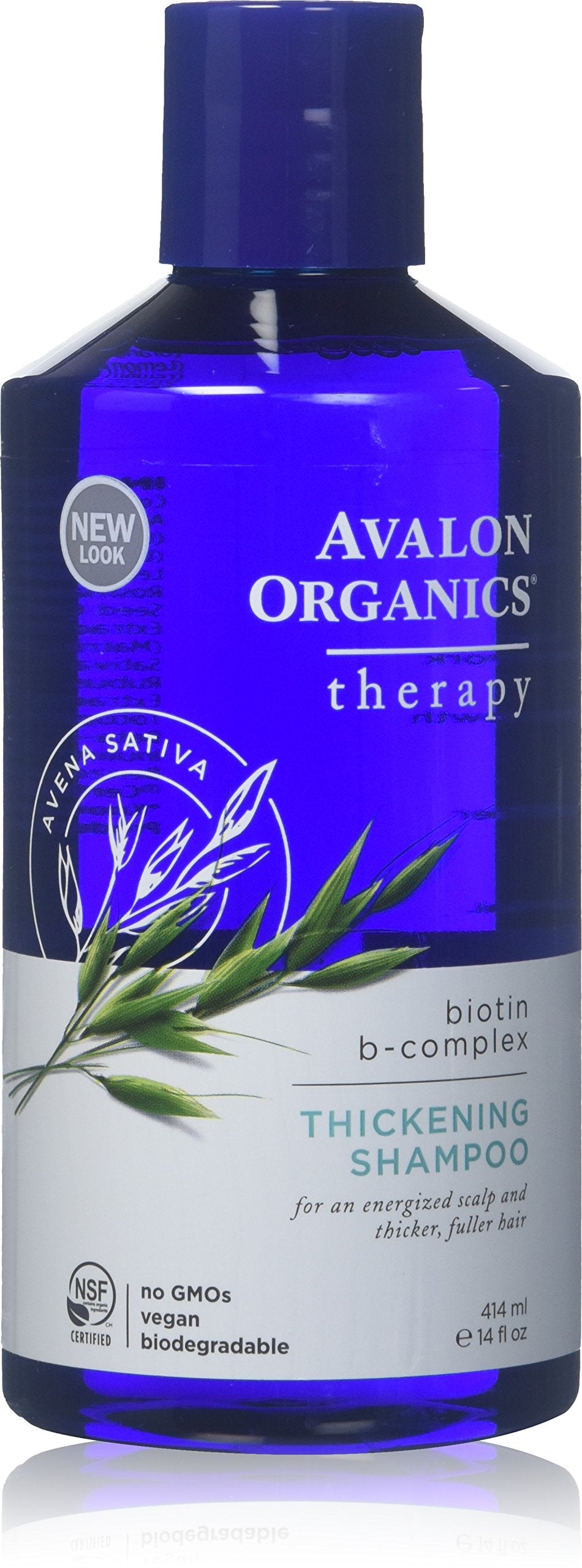 Avalon Organics Biotin B-Complex Thickening Shampoo bottle nourishes scalp for fuller hair.