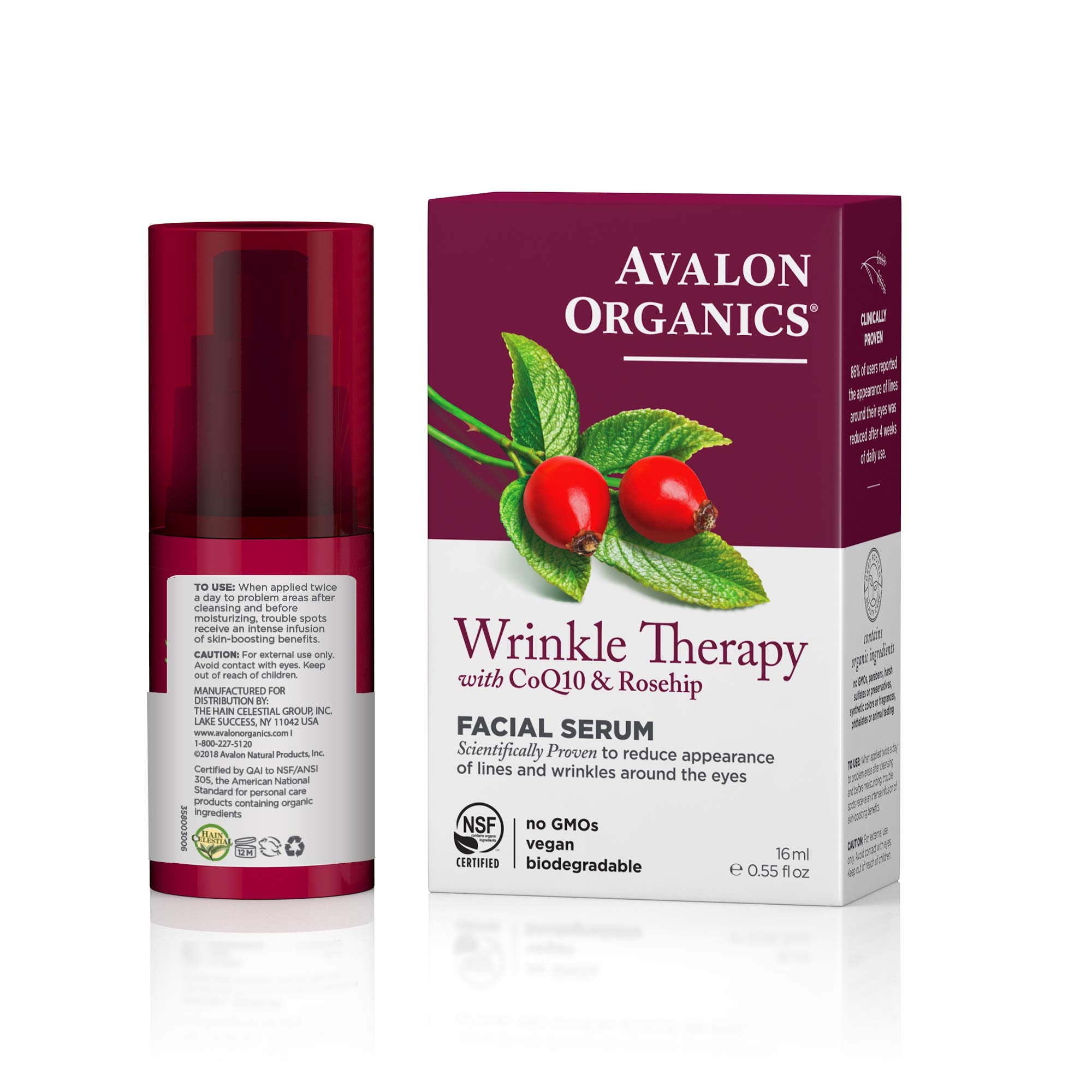Avalon Organics CoQ10 Rosehip ingredients close-up highlights natural botanicals for aging support.