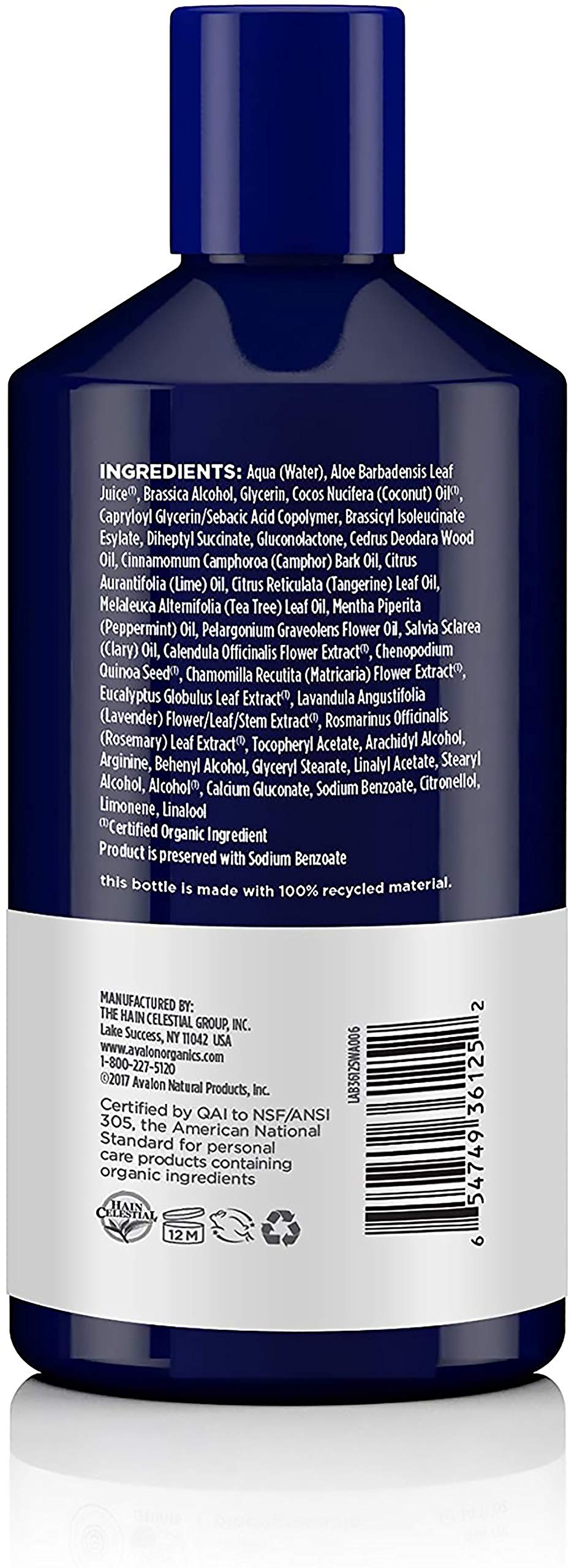 Avalon Organics Tea Tree Mint bottle close-up highlights peppermint and tea tree for refreshing scalp feel