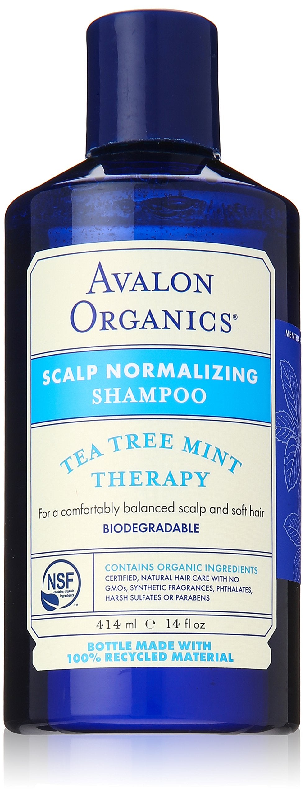 Avalon Organics Tea Tree Mint Shampoo bottle highlighting clean scalp and natural shine.