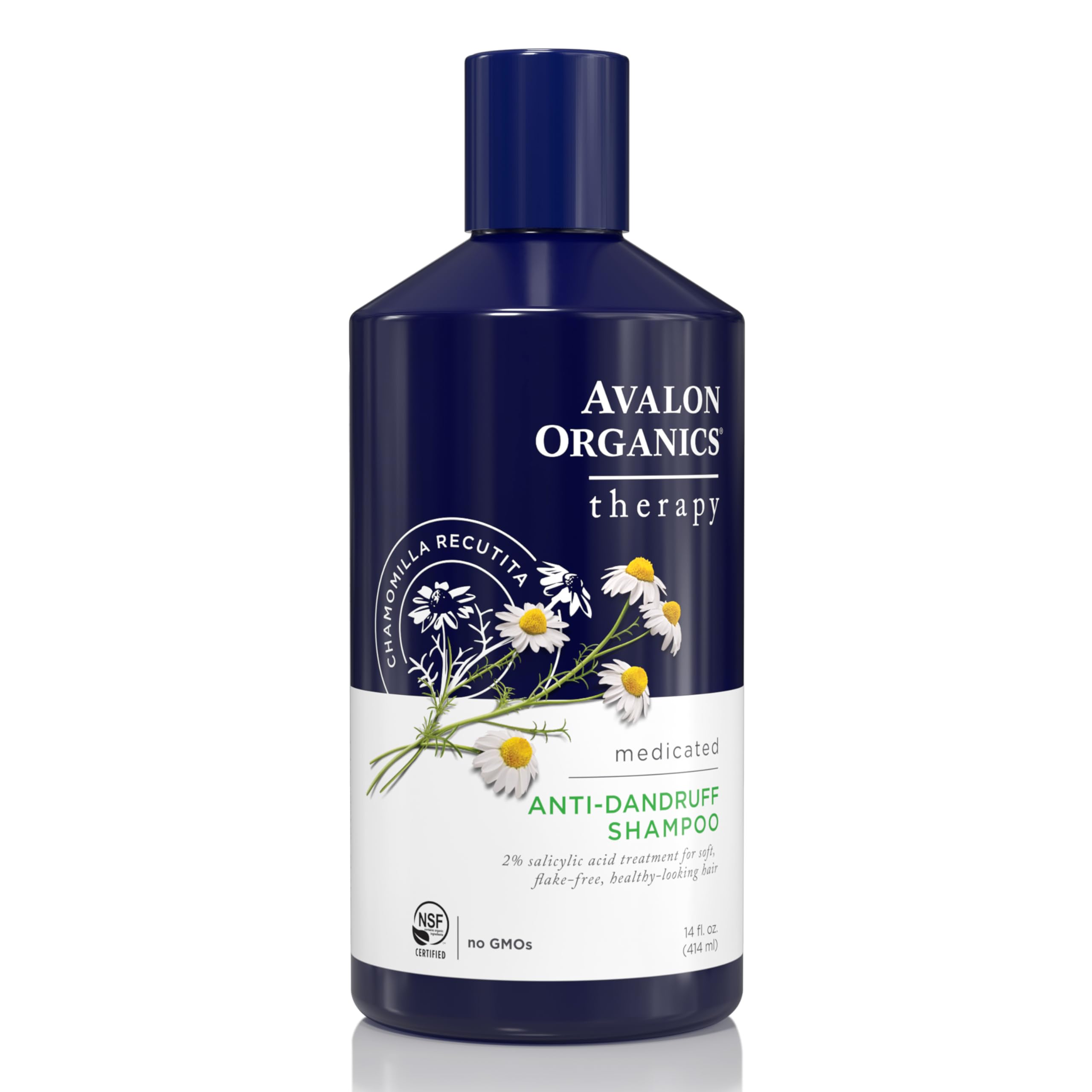 Avalon Organics Therapy antidandruff bottle closeup showing medicated scalp care.