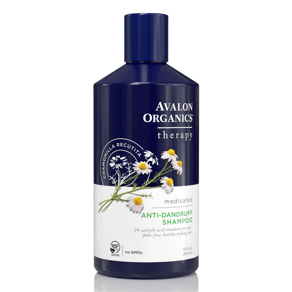 Avalon Organics Therapy antidandruff bottle closeup showing medicated scalp care.