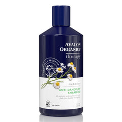 Avalon Organics Therapy antidandruff bottle closeup showing medicated scalp care.