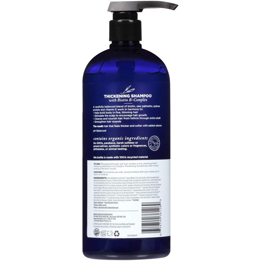 Close up of Avalon label highlighting organic ingredients and vegan formulation.