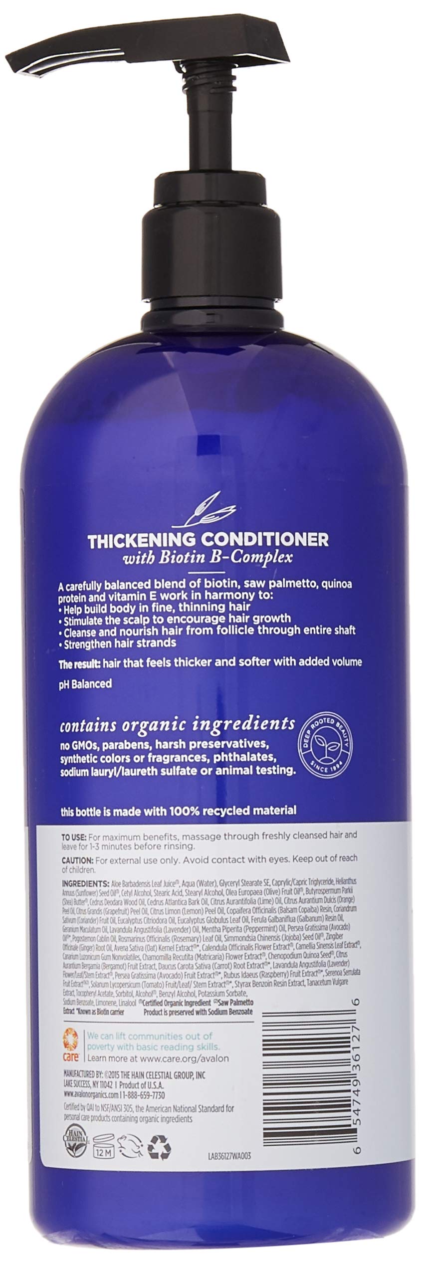 Avalon Organics Thickening Conditioner bottle label closeup highlights botanicals and biotin benefits.