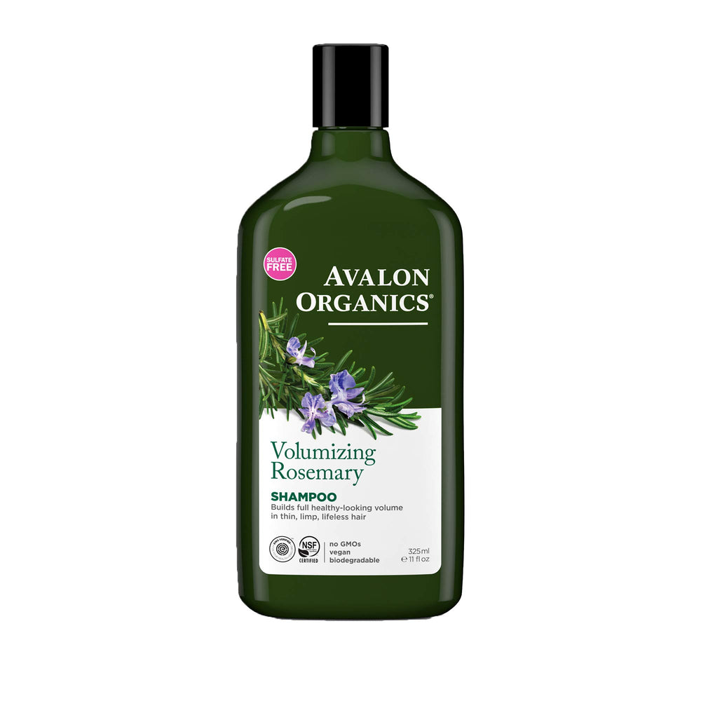 Avalon Organics volumizing rosemary shampoo bottle promotes fuller-looking hair.