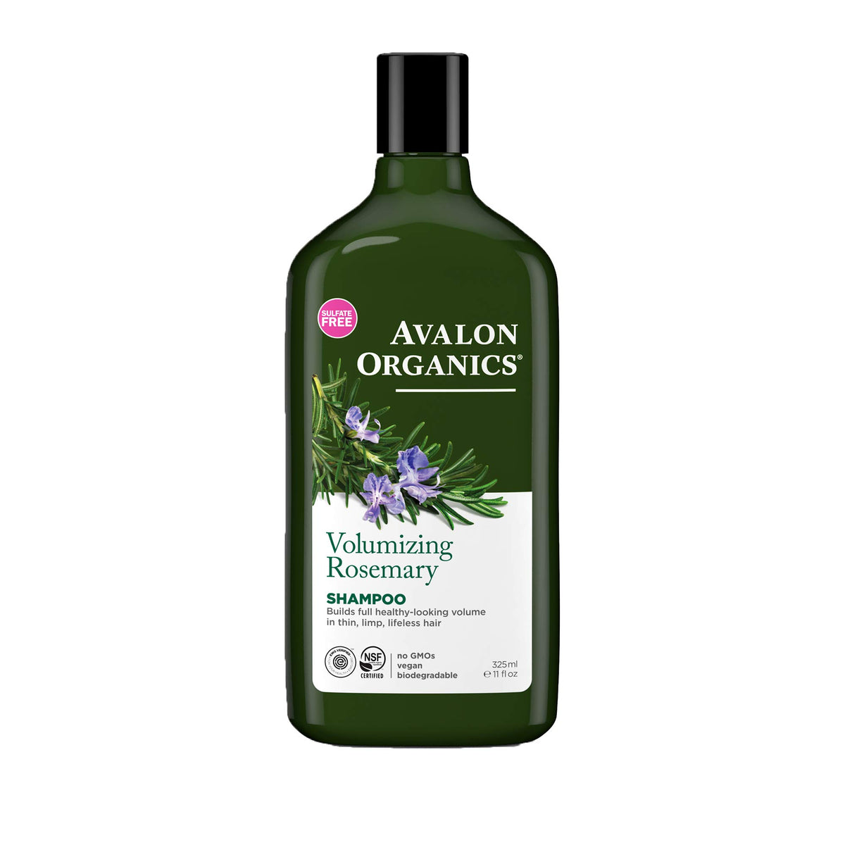 Avalon Organics volumizing rosemary shampoo bottle promotes fuller-looking hair.