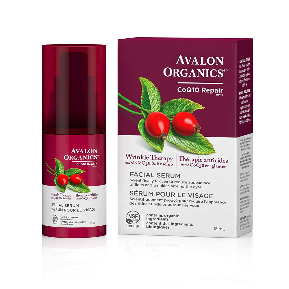 Avalon Organics Wrinkle Therapy serum bottle supports moisturized, smoother-looking skin after application.
