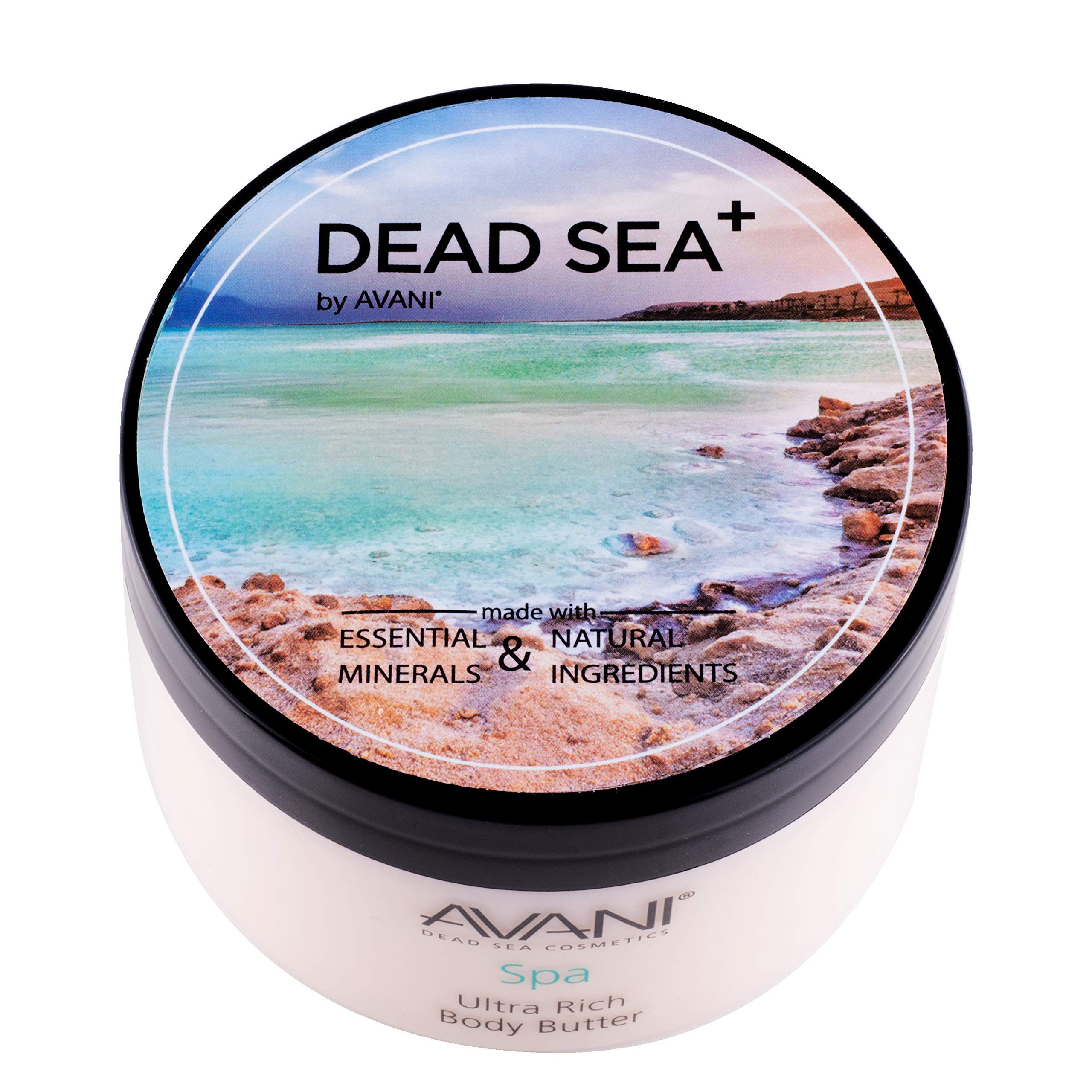 Avani Ultra Rich Body Butter with Dead Sea salt for deep moisturization.