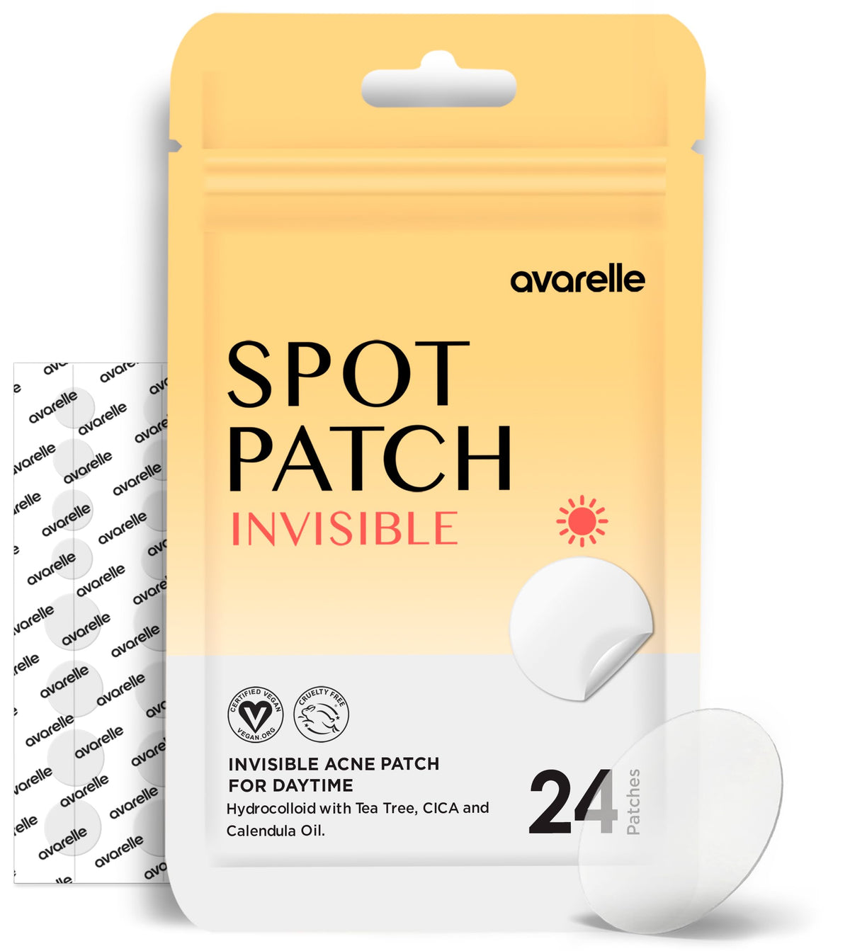 AVARELLE Invisible Acne Spot Patch close-up for discreet daytime coverage and protection against picking.