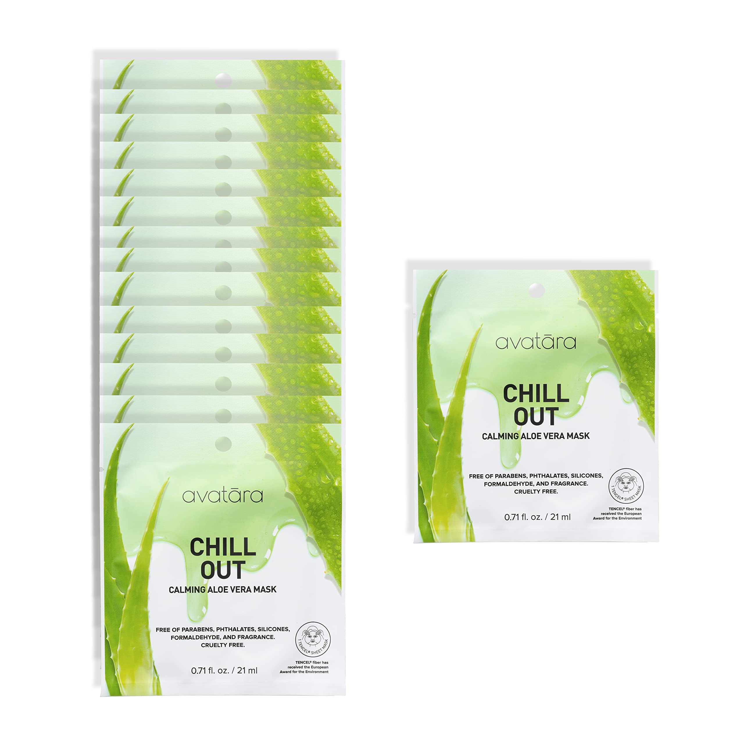 Avatara Chill Out mask packaging featuring 15 hydration sheets for home use.