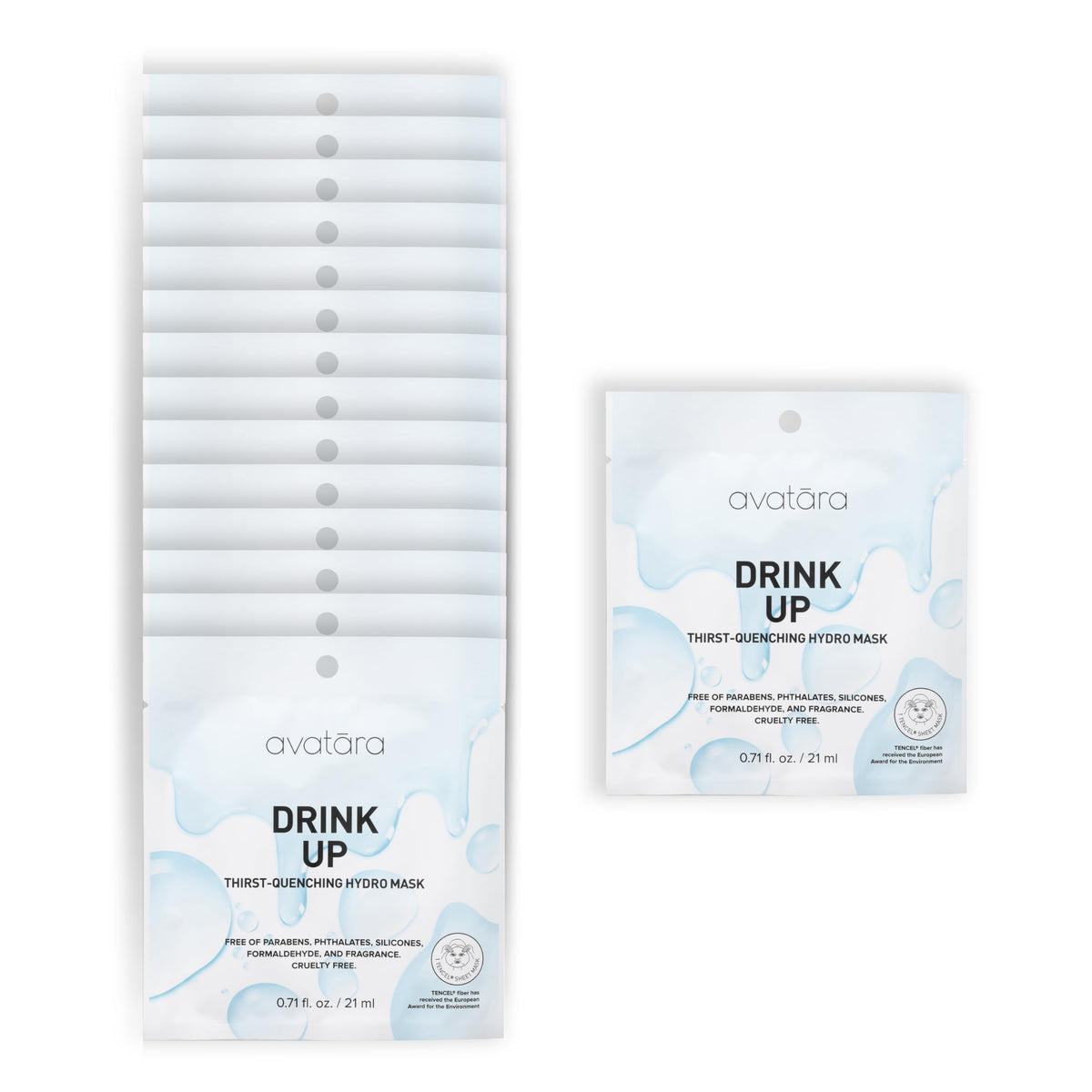Avatara Drink Up facial mask sheets showing hydrating care for dry skin.