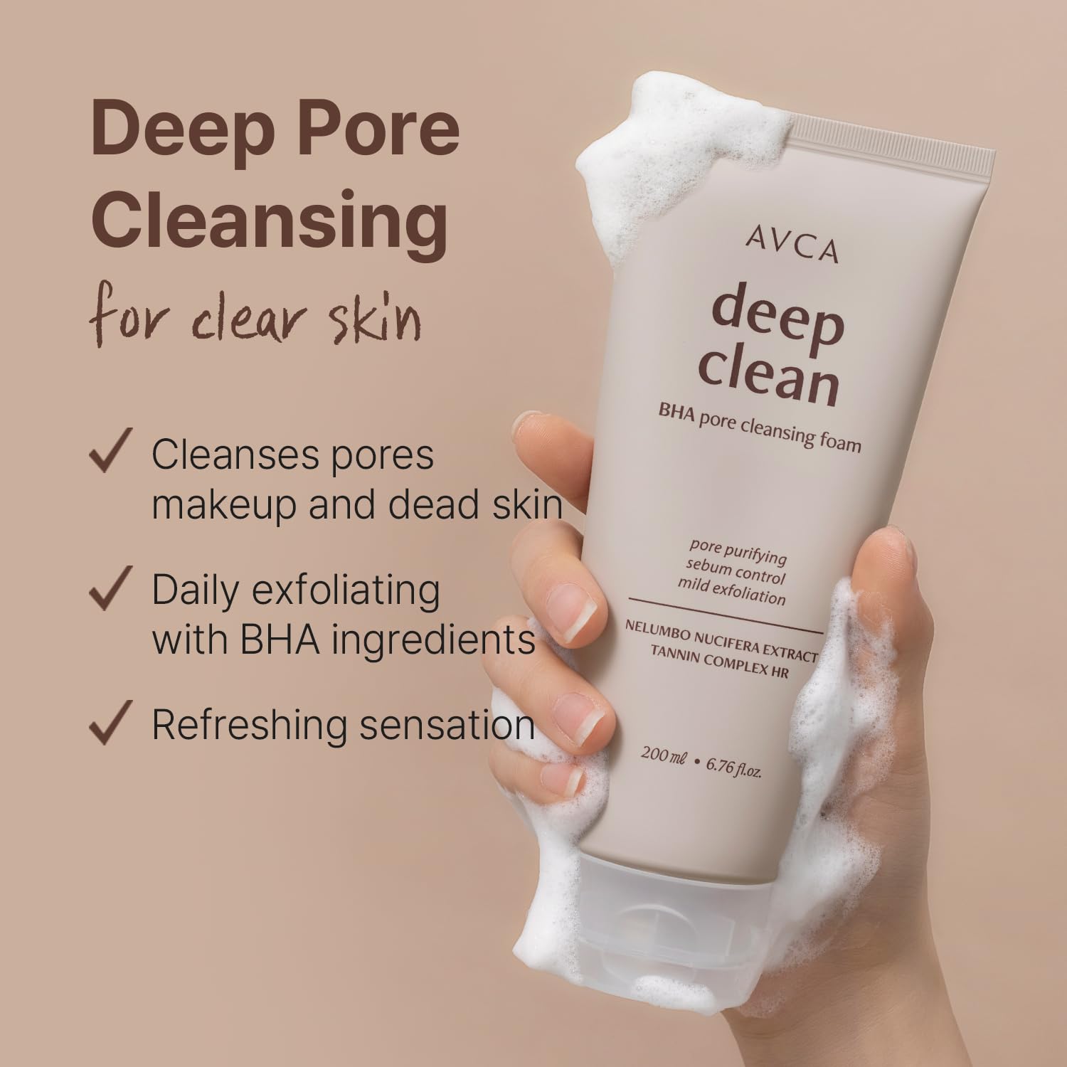 AVCA BHA Pore Cleansing Foam microfoam texture shows creamy lather for clean pores.