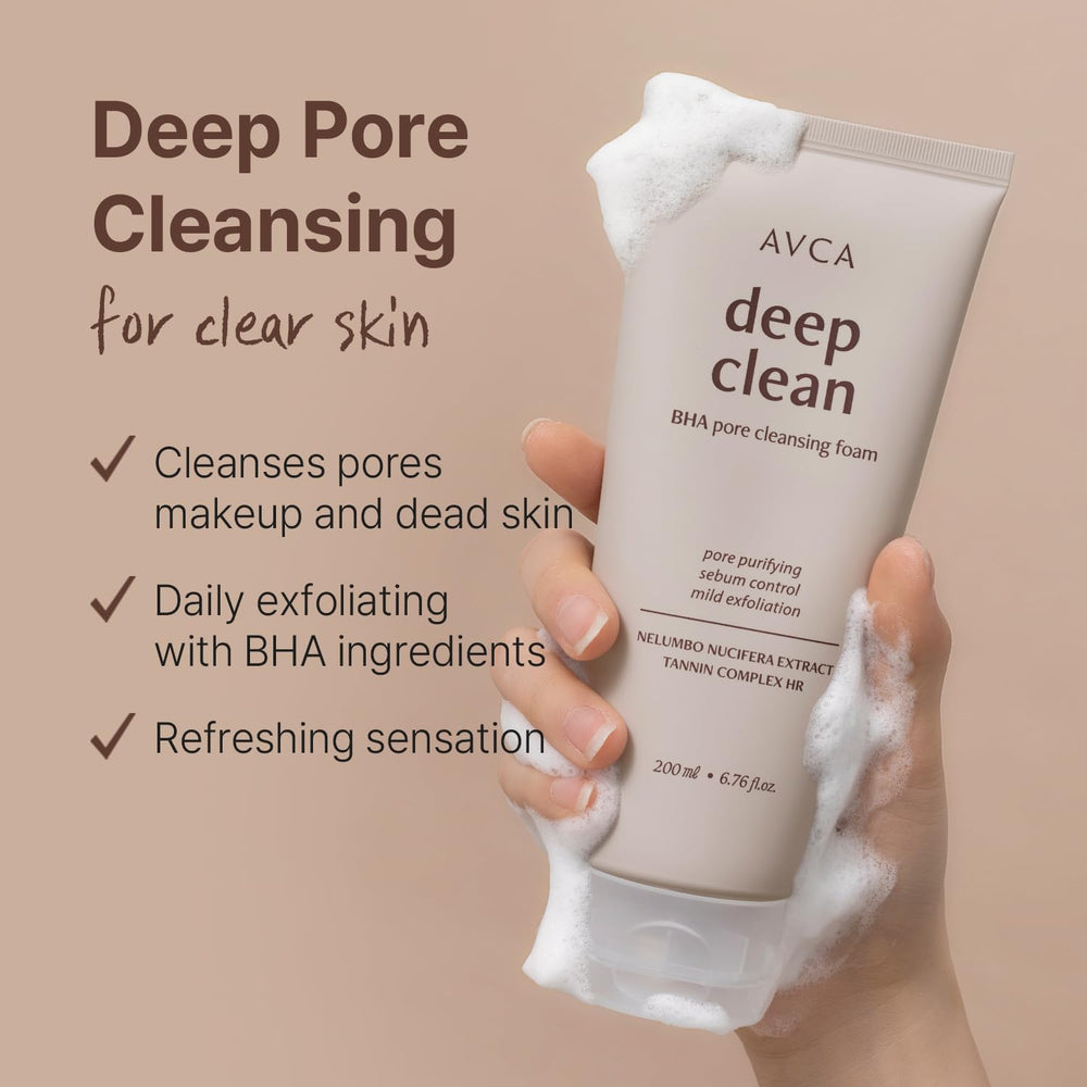 AVCA BHA Pore Cleansing Foam microfoam texture shows creamy lather for clean pores.