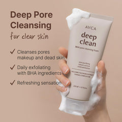 AVCA BHA Pore Cleansing Foam microfoam texture shows creamy lather for clean pores.