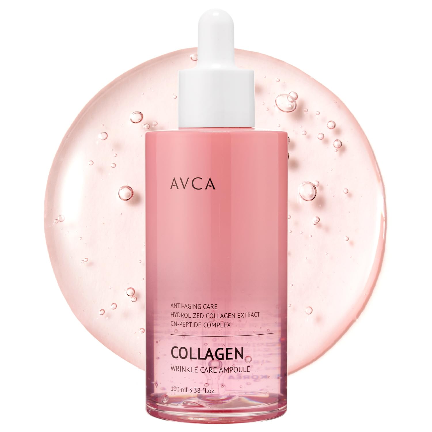 AVCA collagen serum bottle close-up emphasizing firming hydration