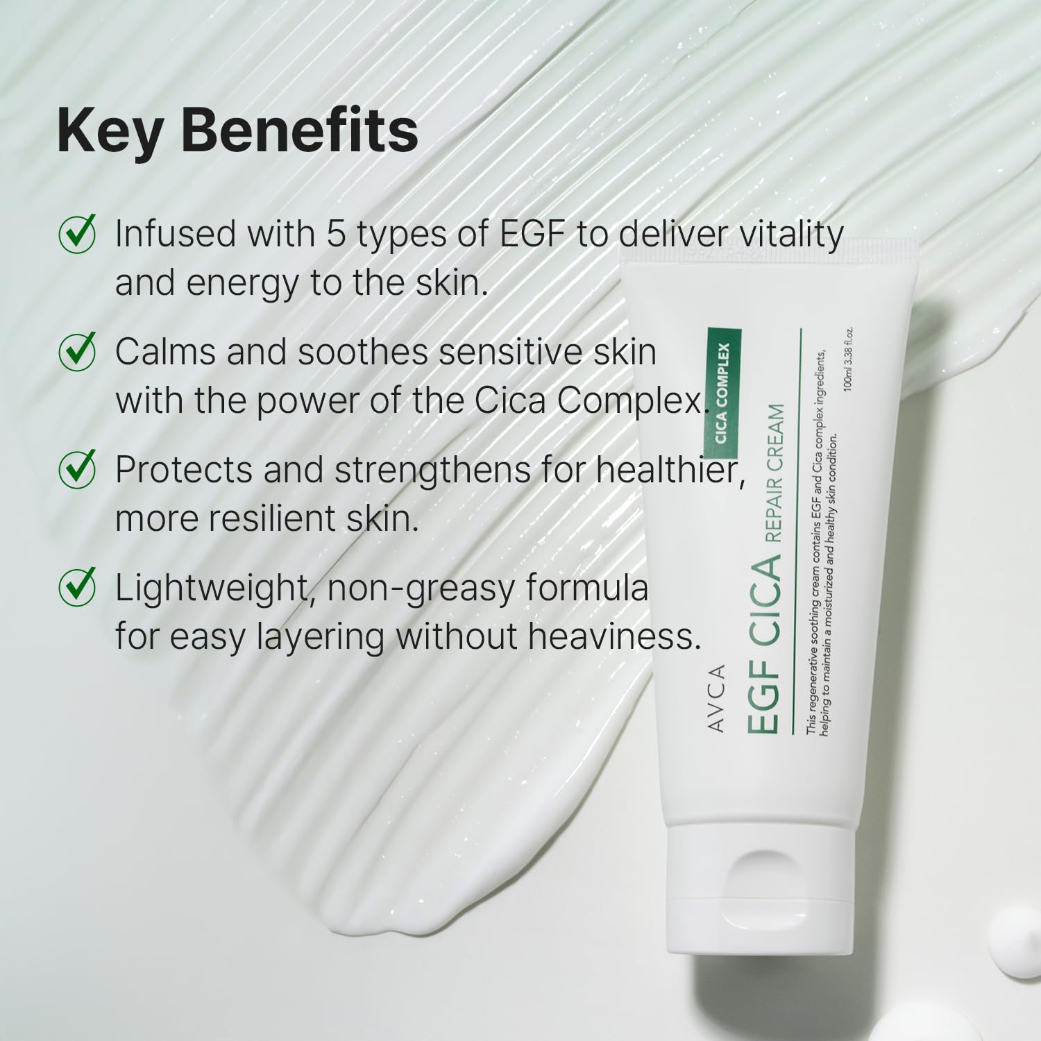 AVCA EGF Cica Repair Cream application demonstrates massage-friendly daily use.