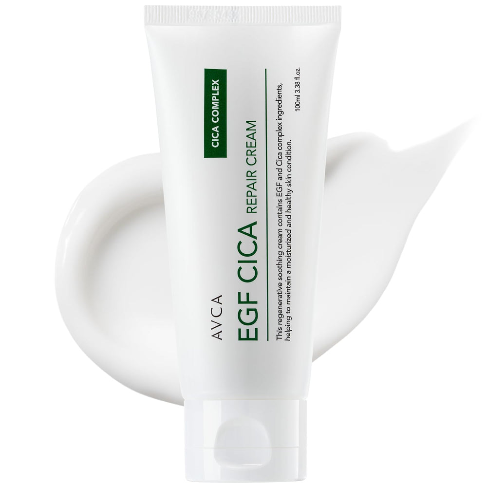 AVCA EGF Cica Repair Cream jar closeup showing fragrance-free formula for sensitive skin.