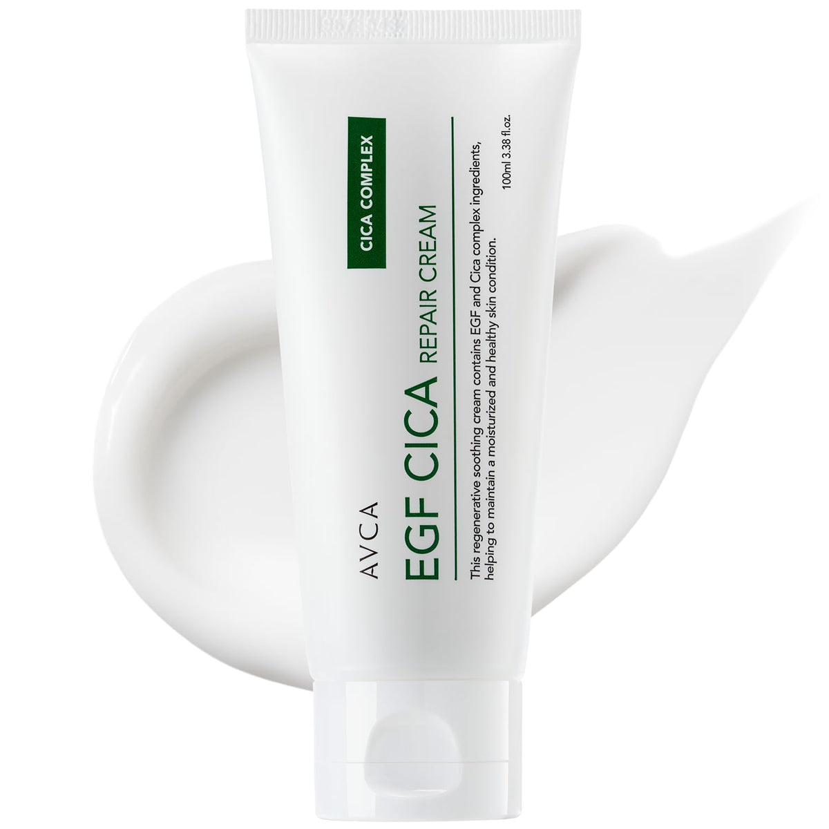 AVCA EGF Cica Repair Cream jar closeup showing fragrance-free formula for sensitive skin.