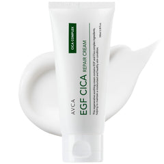 AVCA EGF Cica Repair Cream jar closeup showing fragrance-free formula for sensitive skin.