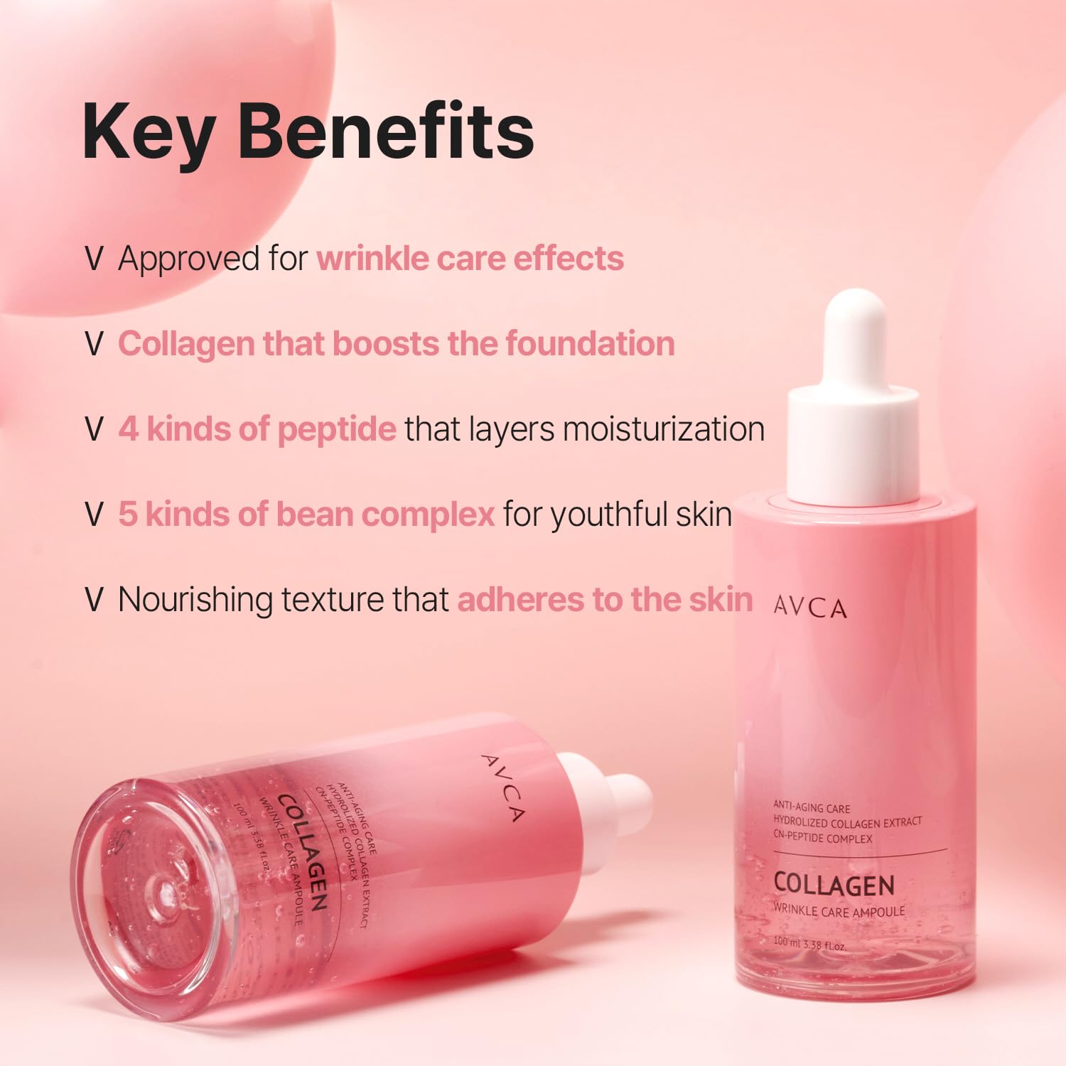 AVCA peptide blend applied for plump, smooth-looking skin