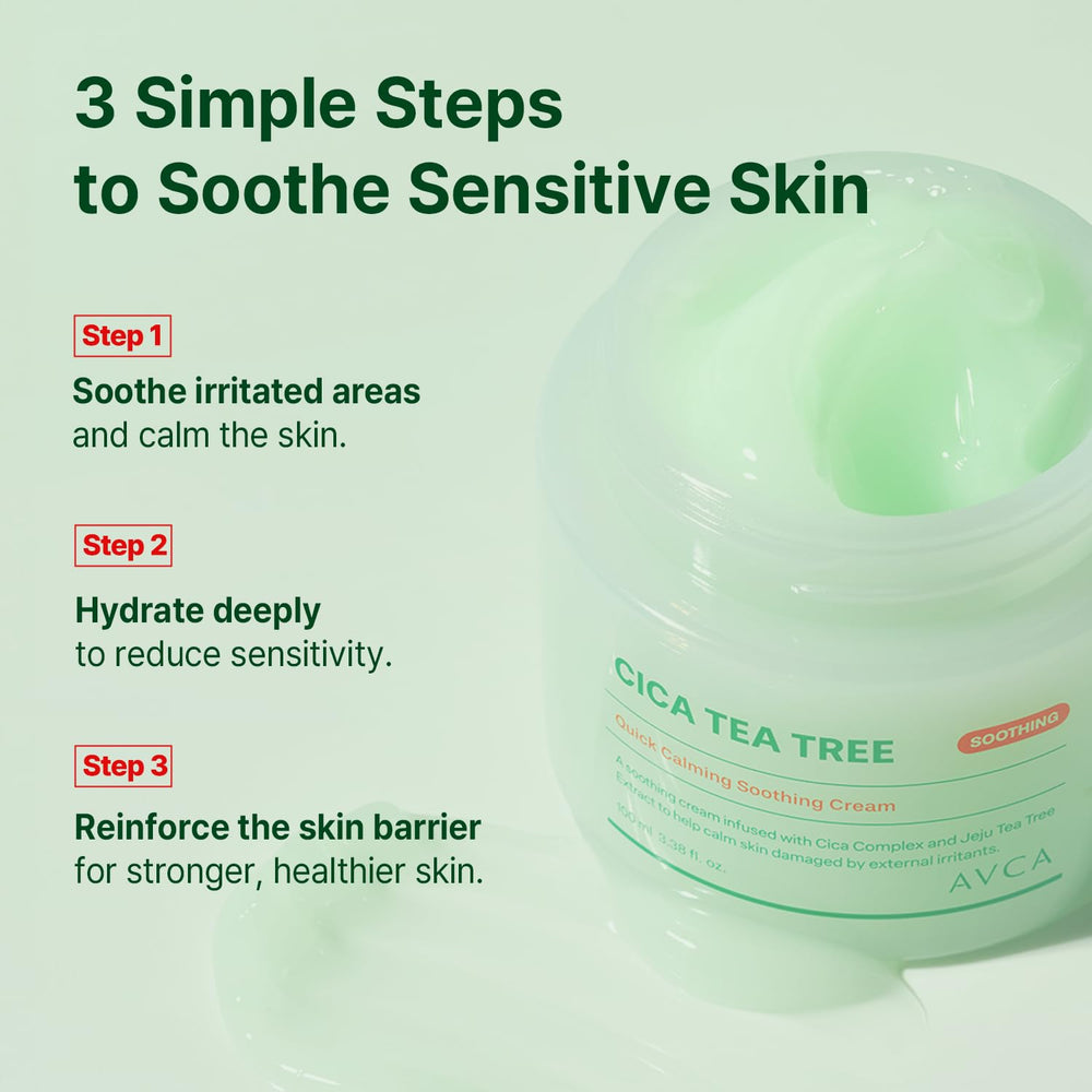 Botanical soothing agents in AVCA formula featuring centella asiatica and tea tree.