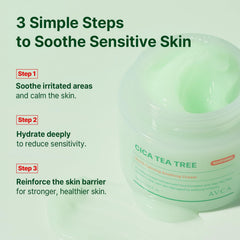 Botanical soothing agents in AVCA formula featuring centella asiatica and tea tree.