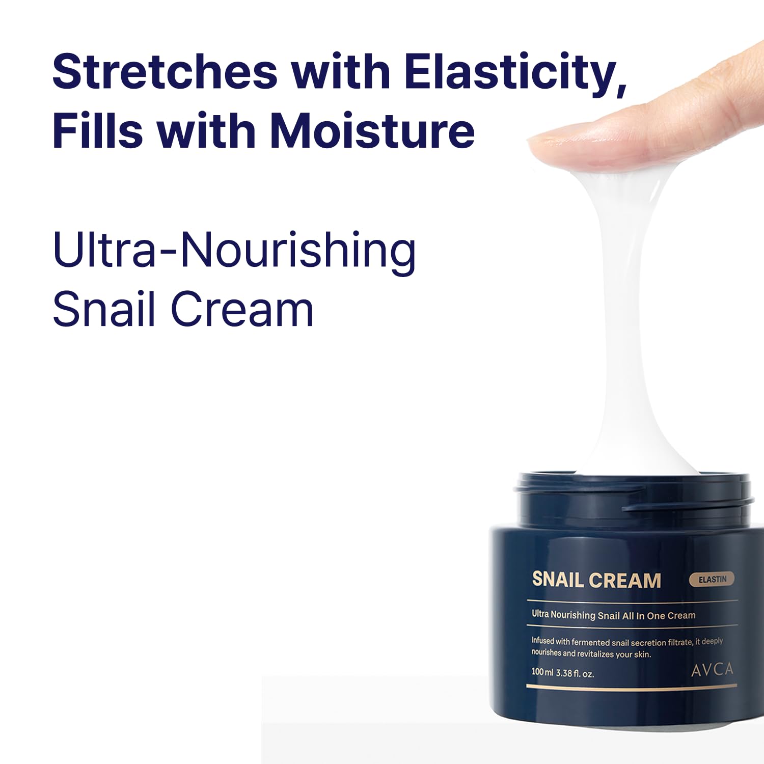 AVCA snail mucin cream texture closeup shows silky, elastic-friendly finish