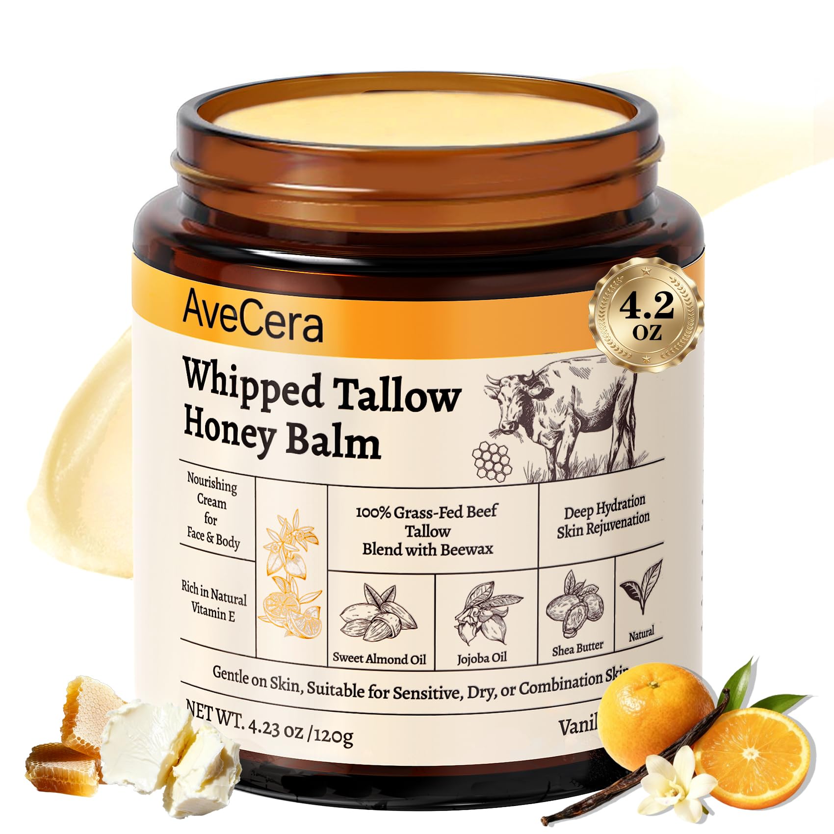 AveCera Tallow Balm jar close-up, creamy texture for lasting hydration