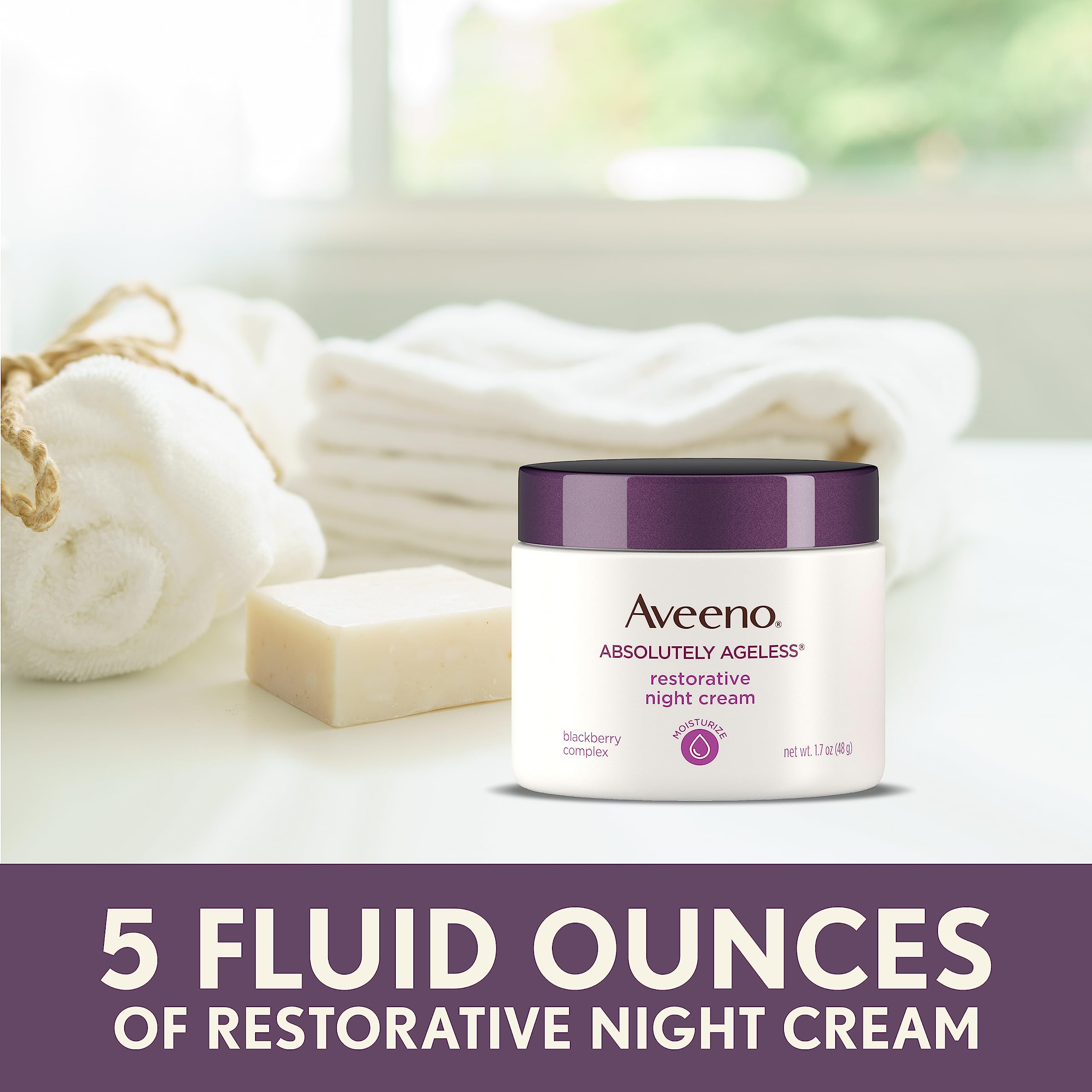 Aveeno Absolutely Ageless night cream promotes skin elasticity over time.