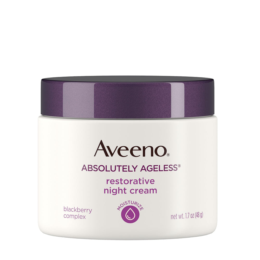 Aveeno Absolutely Ageless night cream on face application for smooth morning glow.