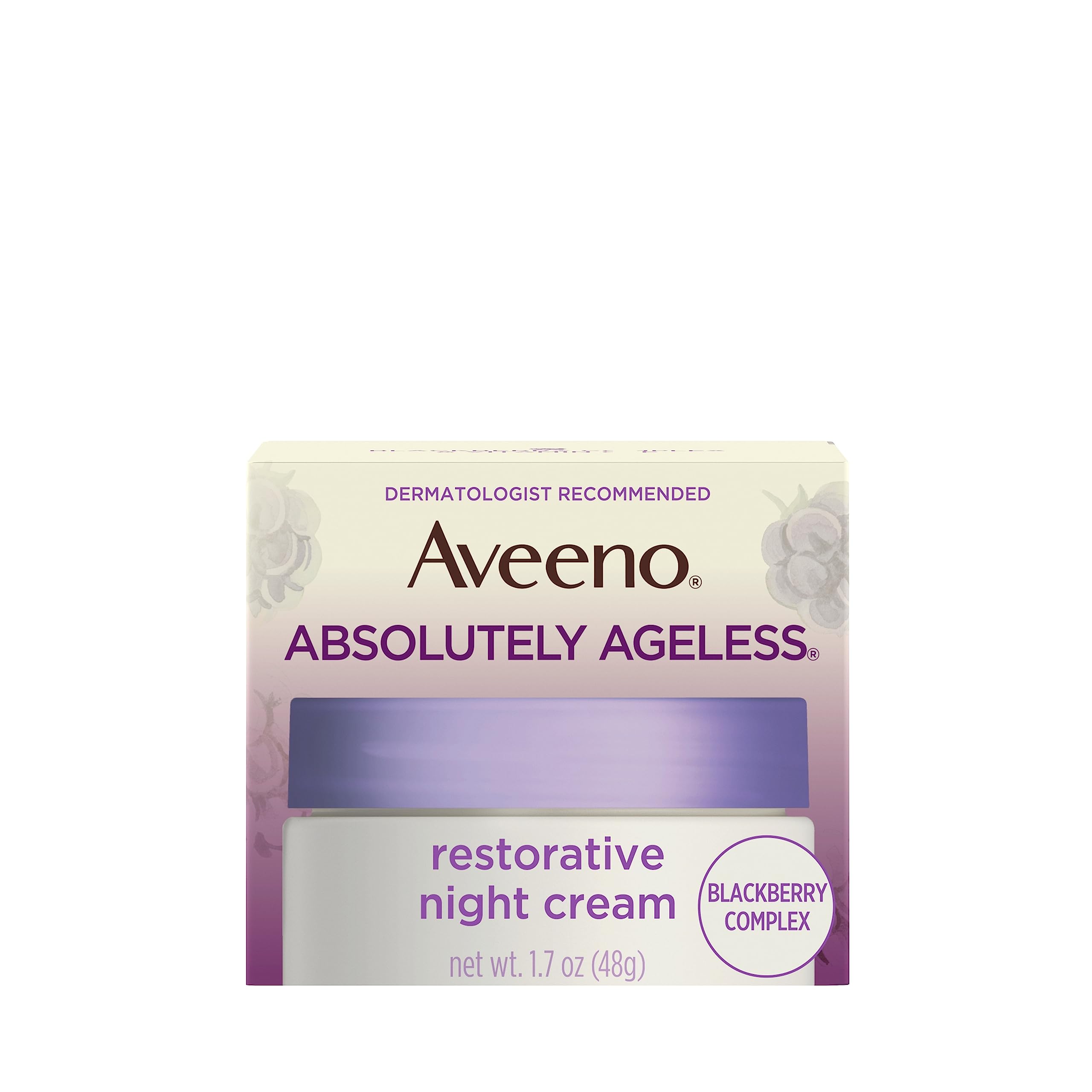 Aveeno Absolutely Ageless night cream jar shows overnight hydration and firming potential.