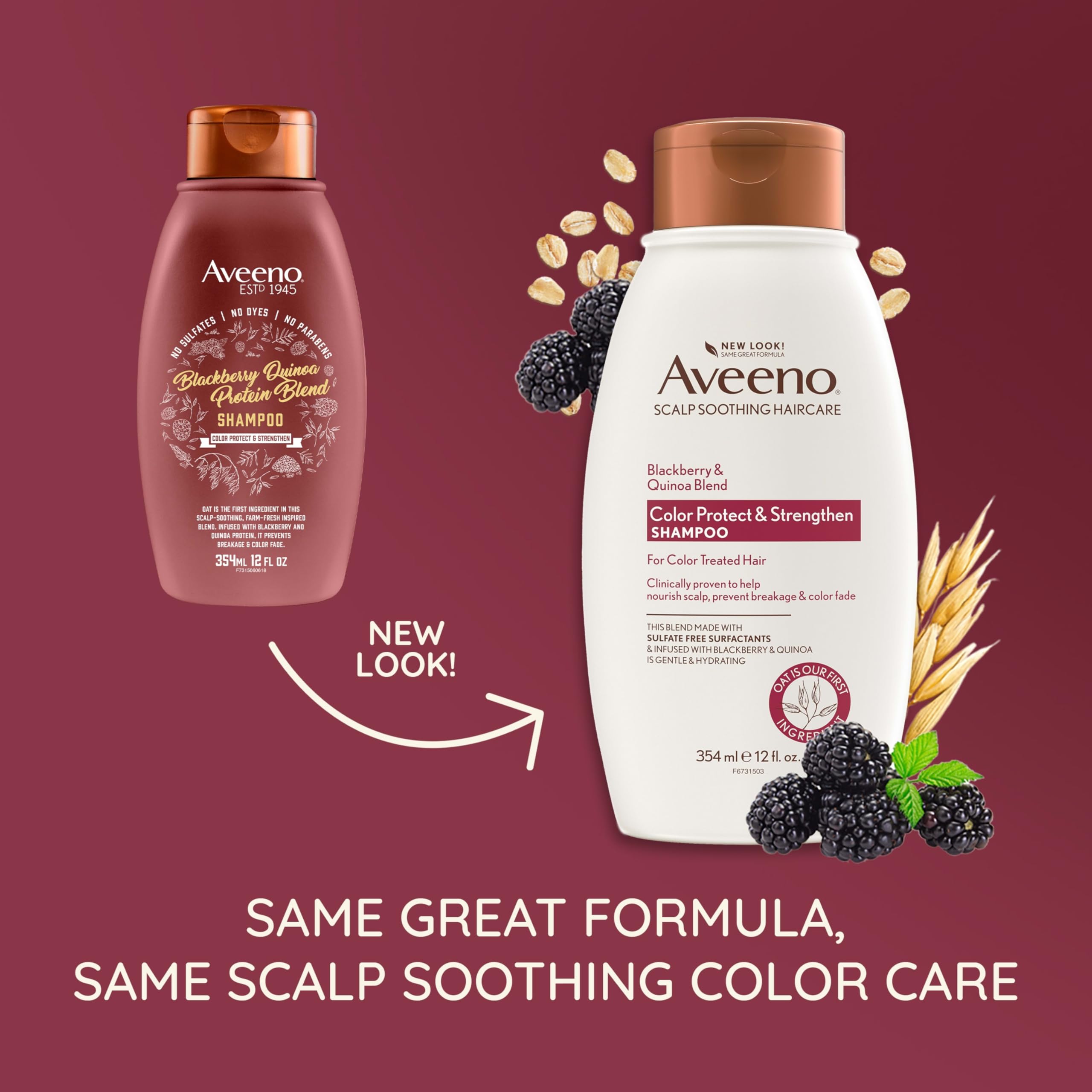 Aveeno blackberry quinoa shampoo ingredients close-up, oats and berries highlight nourishing blend.