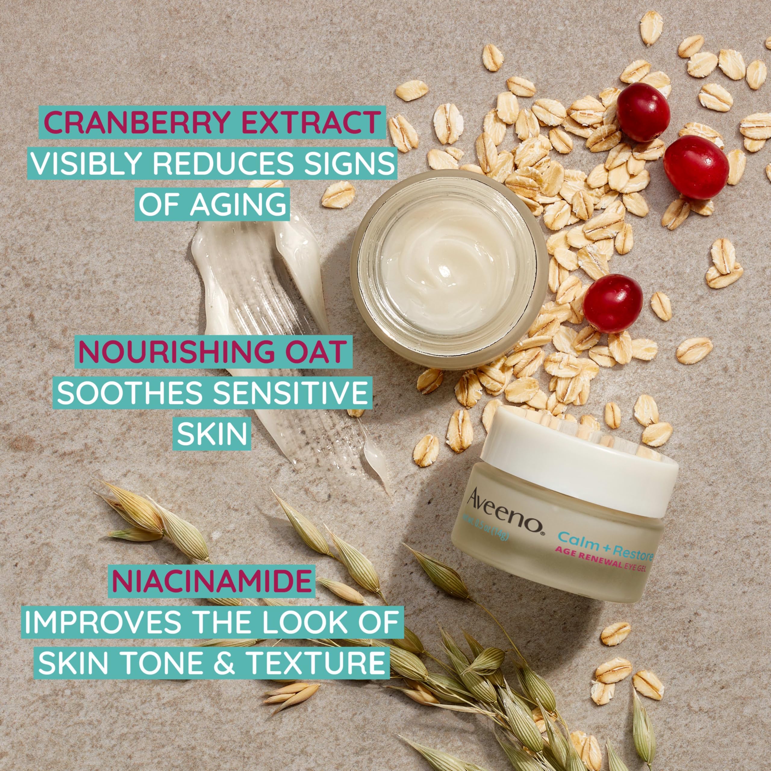 Applying Aveeno Calm and Restore Eye Gel around the eye daily in a skincare routine.