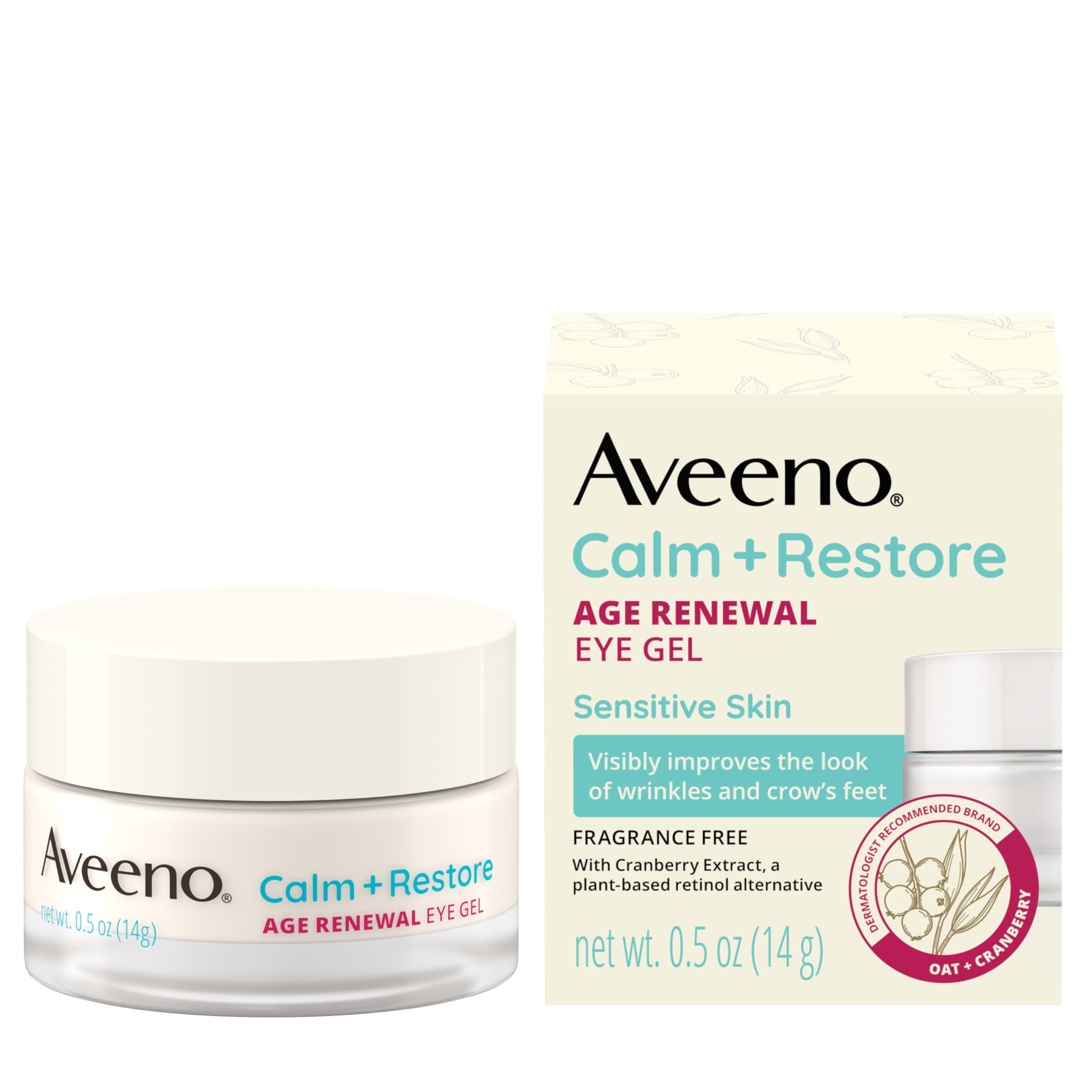 Aveeno Calm and Restore Eye Gel bottle for gentle under-eye care and puffiness.