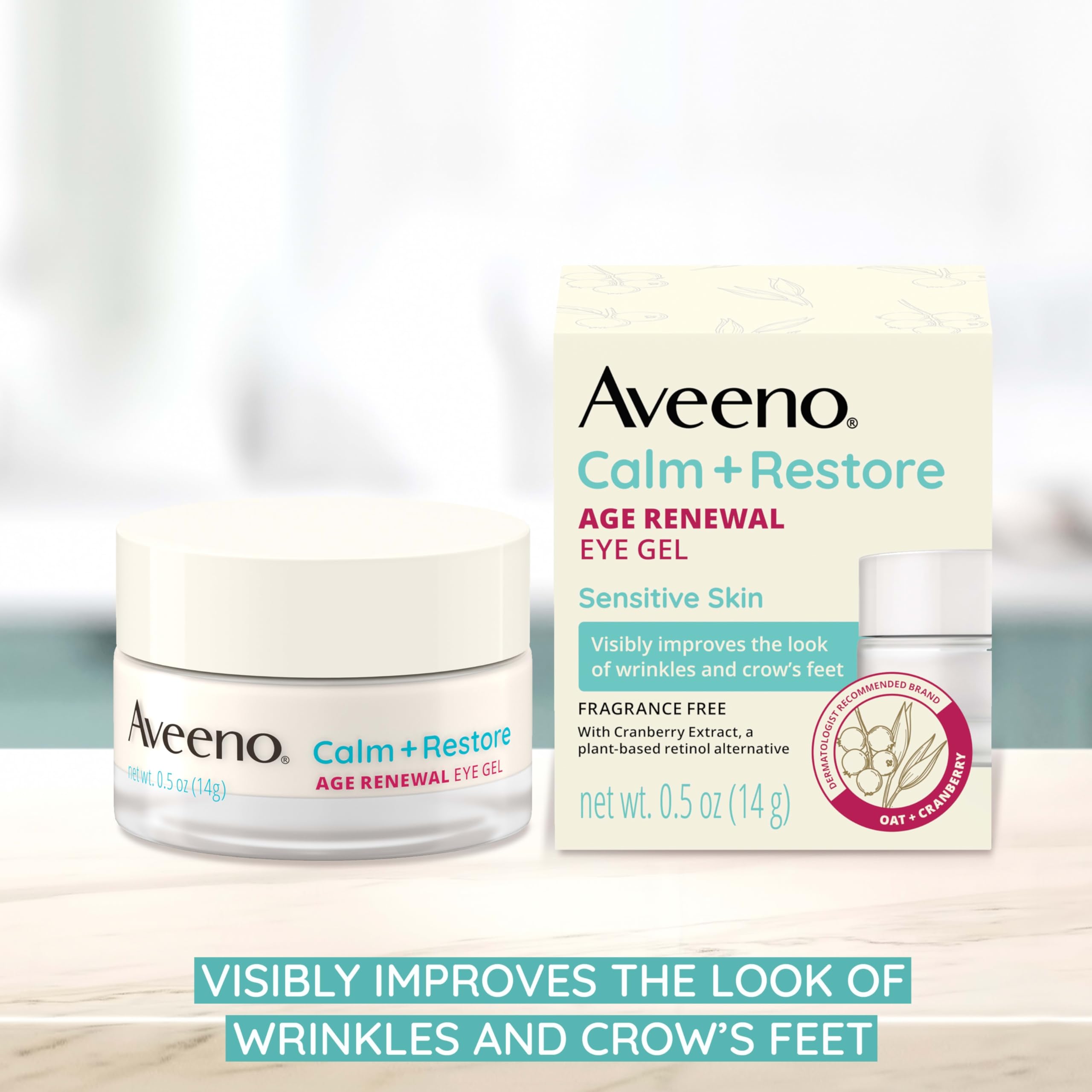 Close-up of Aveeno Calm and Restore Eye Gel jar showing smoothing texture.